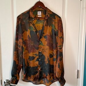 Zara Relaxed Fit Retro Fairy Floral Satin Button Up Long Sleeve Shirt Size M